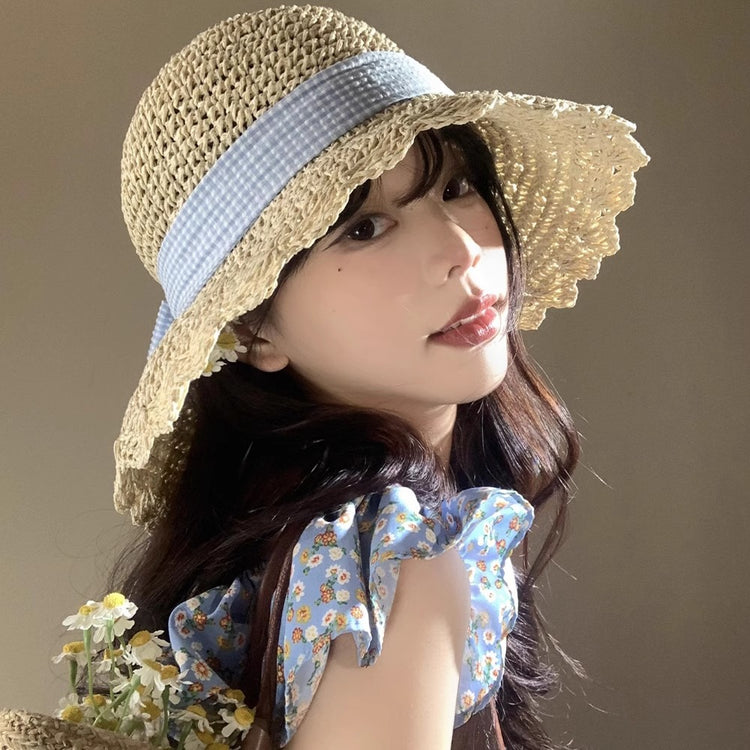 流行帽子|蝴蝶結編織帽子女夏季海邊度假草帽防曬遮陽帽法式防紫外線太陽帽「C5174」25.04-3