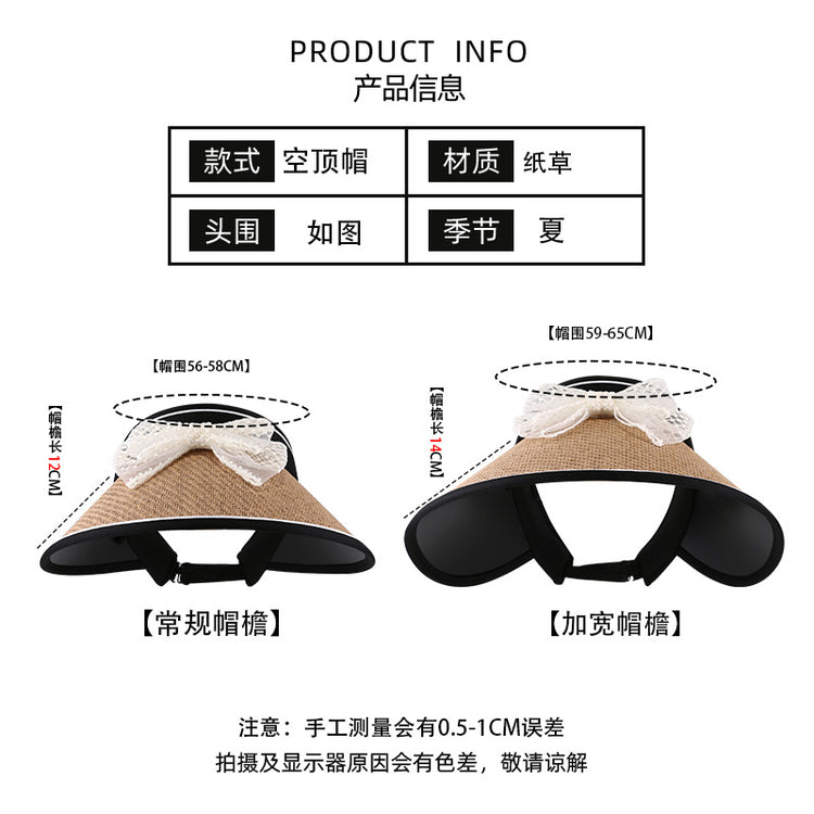流行帽子|蕾絲蝴蝶結空頂帽女夏季黑膠防紫外線遮陽帽加寬帽檐沙灘太陽帽子「C3802」24.04-3