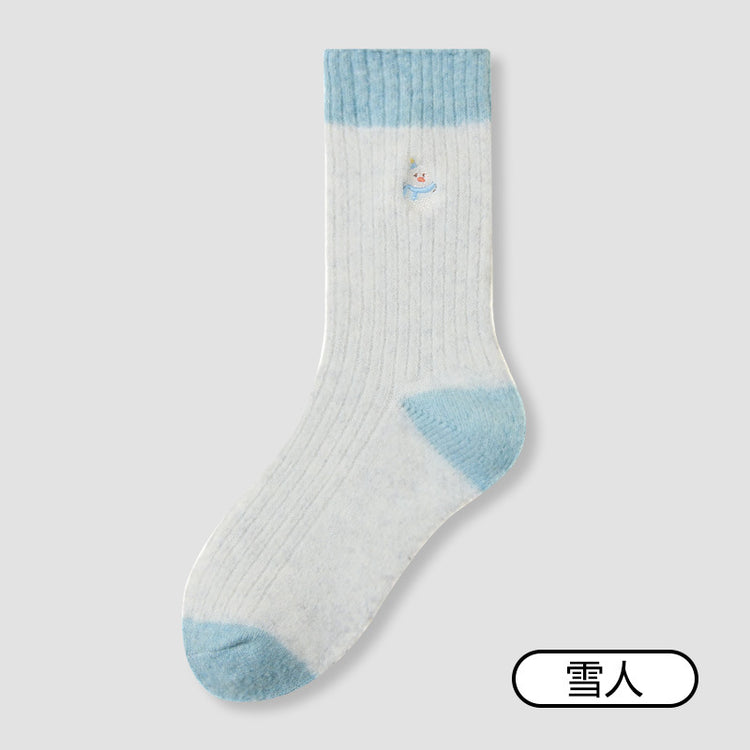 女襪|撞色美利奴羊毛襪子女冬季加厚保暖聖誕襪可愛復古刺繡彈力中筒襪「AM25108」25.12-2