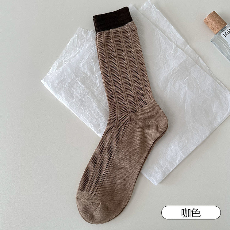 女襪|竹纖維抑菌防臭堆堆襪夏季薄款鏤空網眼透氣中筒襪彈力無骨冰冰襪「TM7373」25.05-1