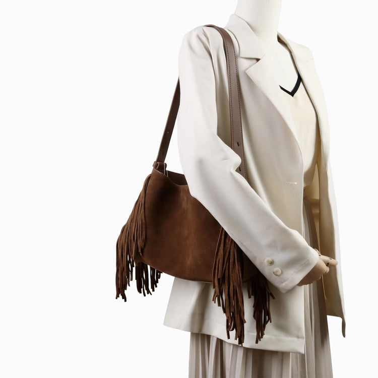 質感真皮|2025全新流蘇磨砂真皮斜背包度假風大容量百搭休閒托特包輕奢「7053」25.09-2