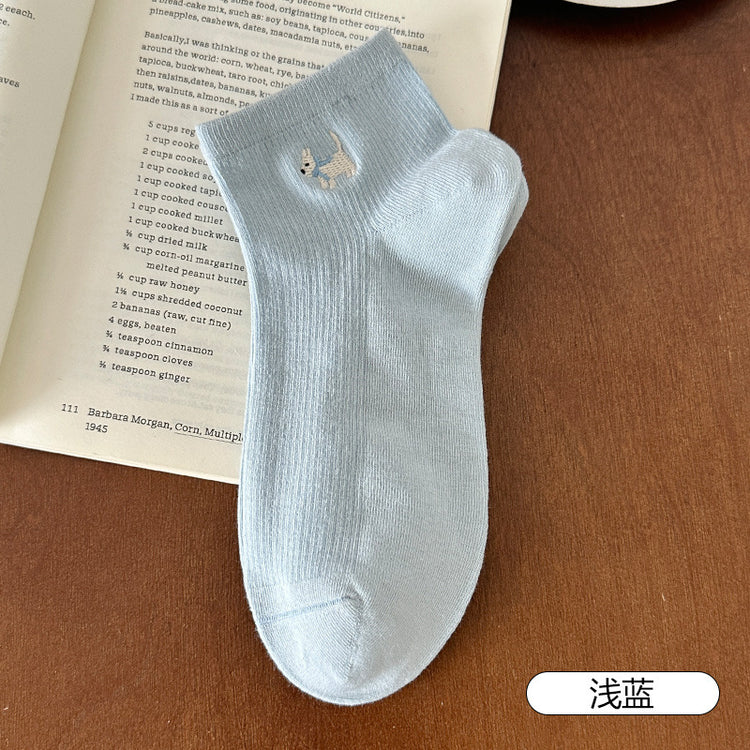 女襪|白色襪子女夏季薄款卡通刺繡小狗彈力短襪棉質吸汗透氣舒適運動襪「FKF2508」25.06-3
