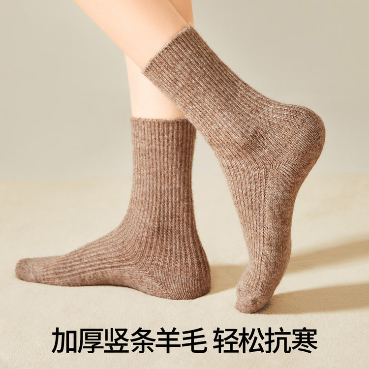 女襪|冬季加厚襪子女雙針耐磨保暖抗寒羊毛襪親膚舒適彈力竪條中筒襪「FM2680」25.10-4