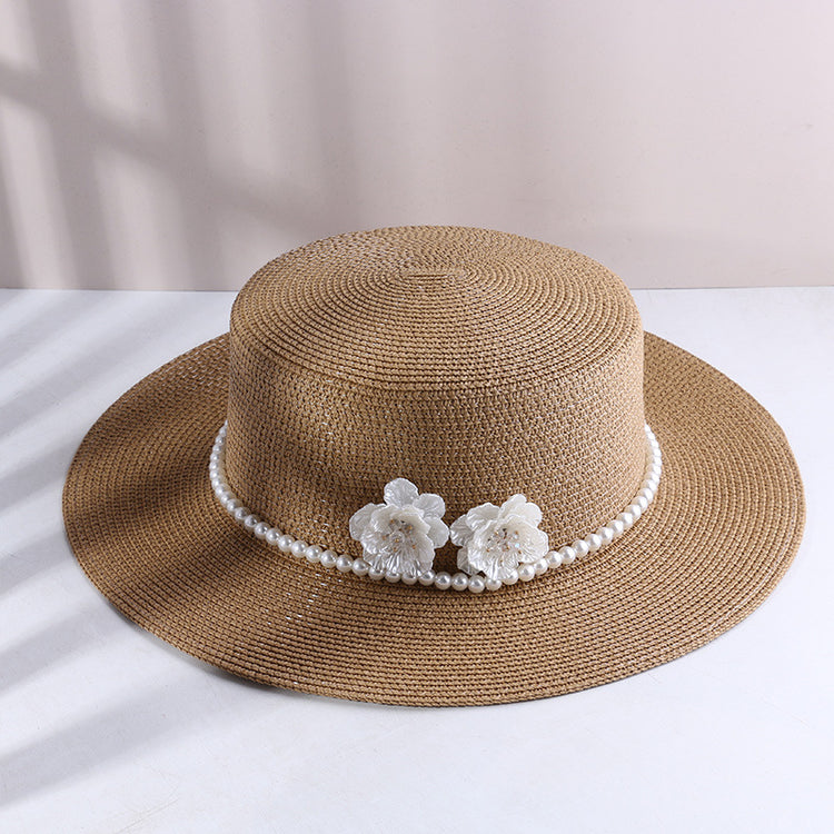流行帽子|海邊草帽夏季遮陽遮臉防曬帽珍珠花朵赫本風沙灘度假平頂草編禮帽「C4107」24.07-4