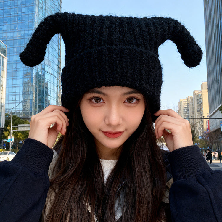 流行帽子|可愛搞怪毛線帽子女秋冬保暖護耳帽日系惡魔角手工針織冷帽套頭帽「C5702」25.10-2