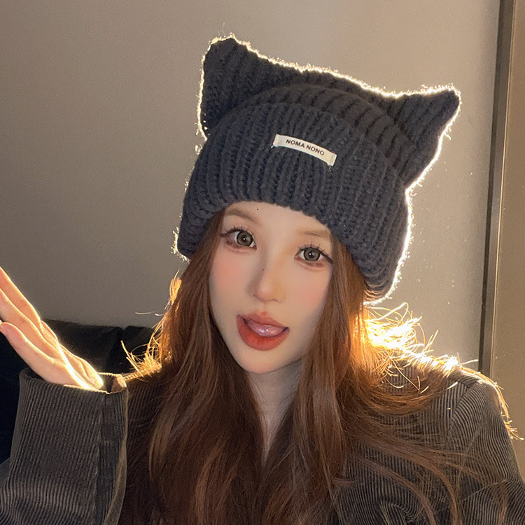 流行帽子|帽子日系可愛貓耳朵毛線帽秋冬季保暖護耳套頭帽百搭顯臉小針織帽「C4391」24.09-3