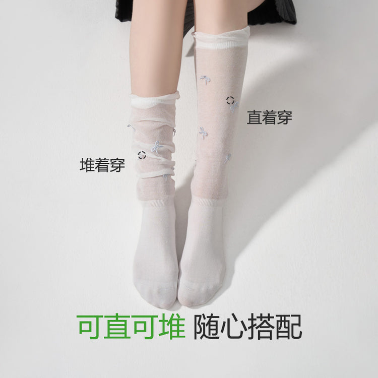 女襪|白色堆堆襪子女miu系花邊泡泡襪口小腿襪滿身蝴蝶結輕薄透氣JK襪「XC2268」25.02-2