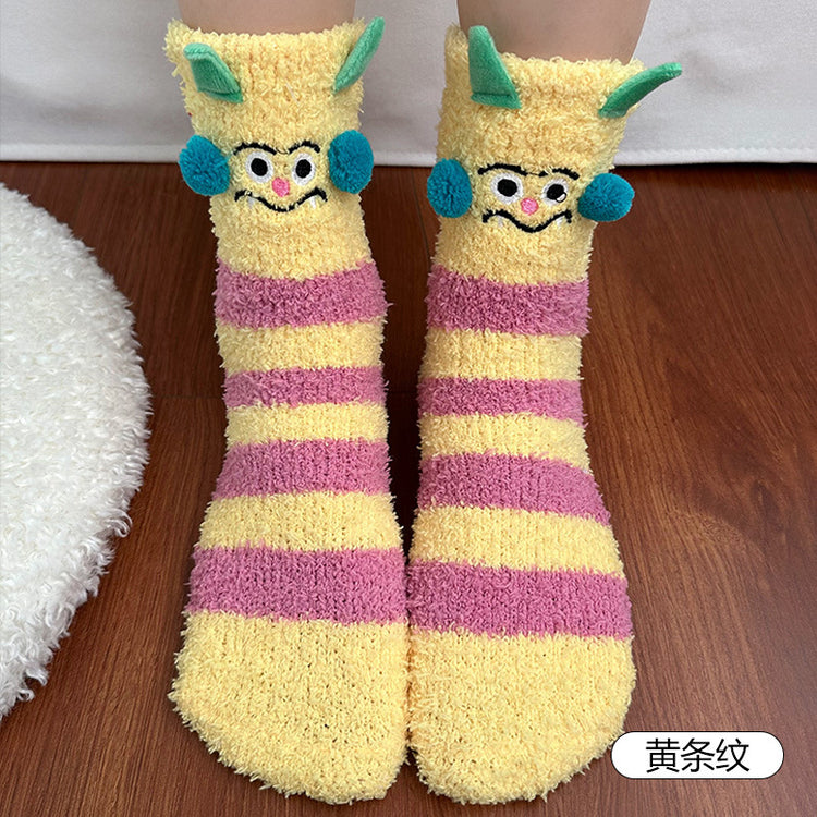 女襪|珊瑚絨襪子女秋冬季搞怪卡通可愛中筒襪加絨加厚蓄熱保暖睡眠襪「D25865」25.11-4