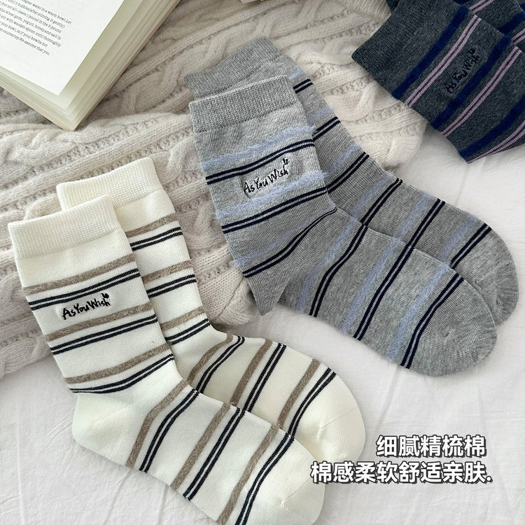 女襪|襪子女韓系復古條紋學院風堆堆襪彈力親膚舒適吸汗透氣中筒襪「MYH2552」25.10-2
