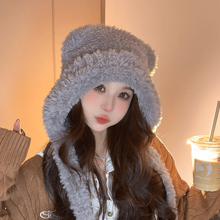 流行帽子|冬季新款可愛小熊耳朵毛絨帽子女綁帶毛線帽大頭圍護耳保暖針織帽「C4841」24.11-3