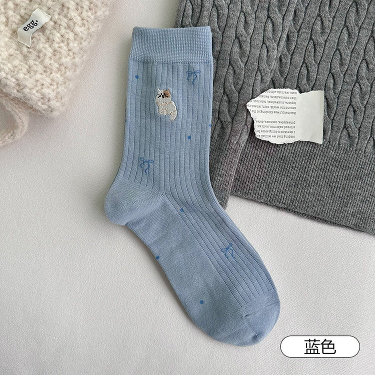 女襪|襪子女士小狗刺繡卡通趣味減齡中筒襪棉質吸汗透氣彈力堆堆襪「F2523」25.10-3