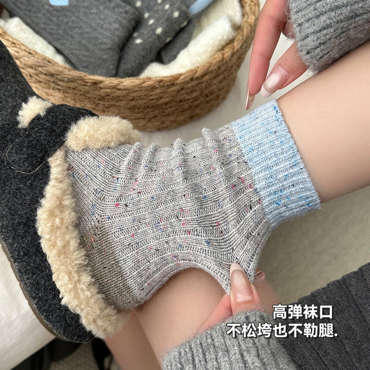 女襪|灰色羊毛襪子女冬季加絨加厚保暖愛心蝴蝶結堆堆襪彈力親膚中筒襪「HD25856」25.11-2