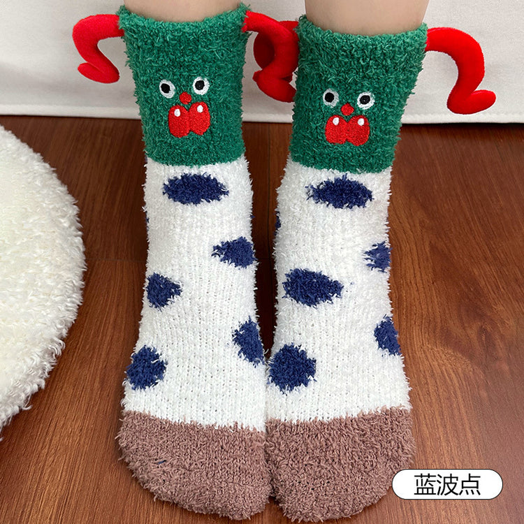 女襪|珊瑚絨襪子女秋冬季搞怪卡通可愛中筒襪加絨加厚蓄熱保暖睡眠襪「D25865」25.11-4