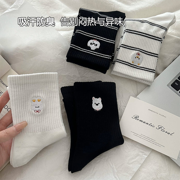女襪|條紋襪子女萌趣卡通刺繡彈力中筒襪棉質吸汗防臭親膚舒適堆堆襪「W0124」25.03-4