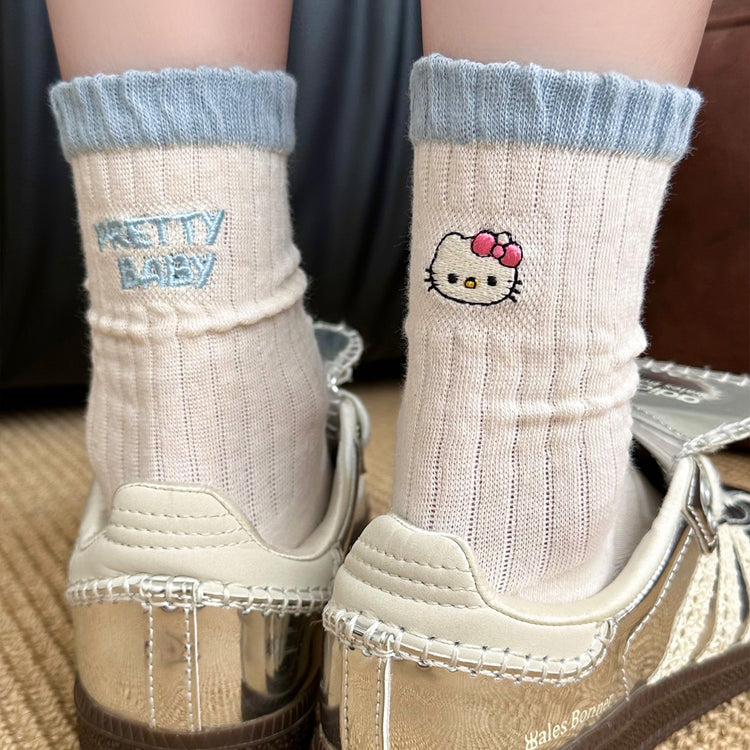 女襪|卡通後跟AB刺繡襪子女ins潮學院風撞色中筒襪棉質吸汗透氣運動襪「XHS25107」25.09-4
