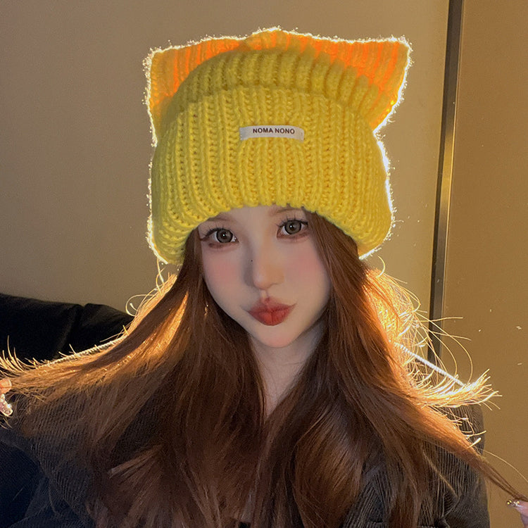 流行帽子|帽子日系可愛貓耳朵毛線帽秋冬季保暖護耳套頭帽百搭顯臉小針織帽「C4391」24.09-3