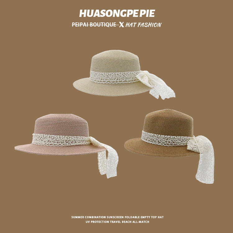 流行帽子|帽子女夏季新款防曬帽日系純色草編蕾絲蝴蝶結草帽出遊百搭遮臉帽「C3986」24.06-4