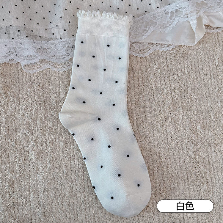 女襪|花邊襪口襪子女復古波點時尚ins潮堆堆襪棉質吸汗透氣彈力中筒襪「S25803」25.02-3