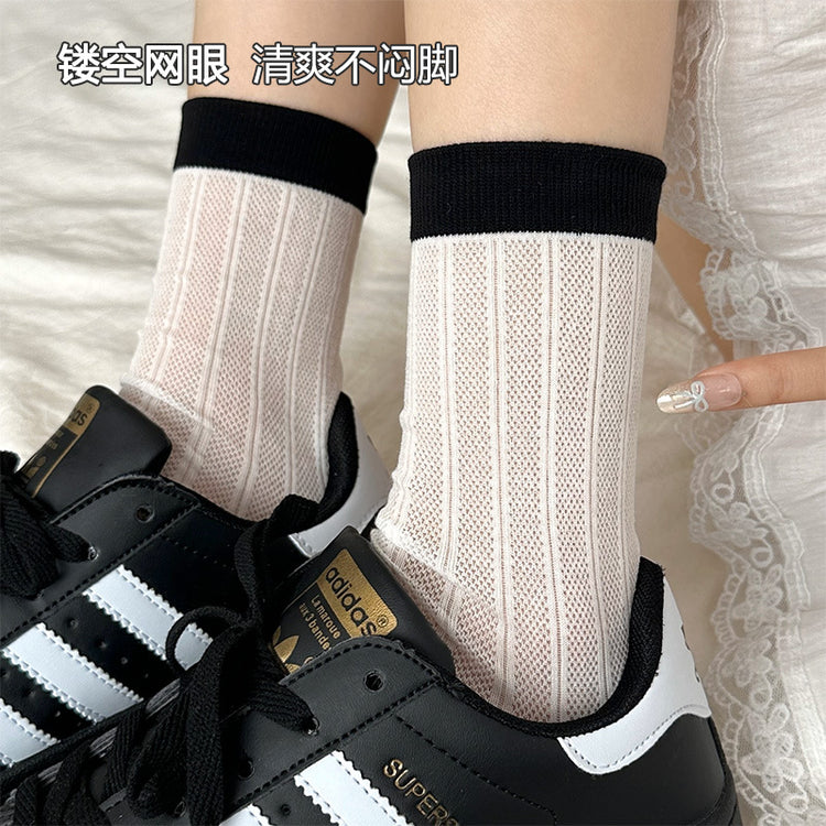 女襪|灰色襪子女夏季薄款ins潮簡約堆堆襪鏤空網眼透氣親膚襪子「NY2623」25.05-1