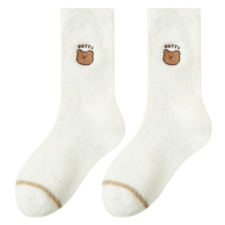 女襪|水貂絨襪子女冬季加絨加厚居家保暖地板襪卡通刺繡親膚舒適堆堆襪「YM1159」25.11-1