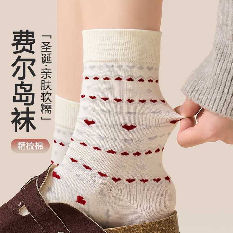 女襪|費爾島風襪子女潮流好搭無骨彈力堆堆襪棉襪舒適耐磨抗起球聖誕襪「NS24115」24.12-4