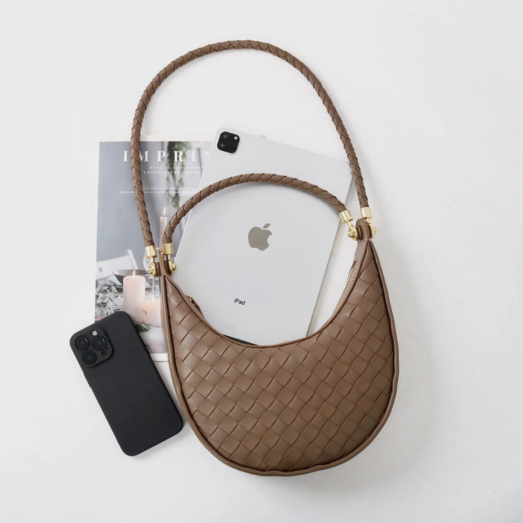 質感真皮|編織半月包Hobo腋下包2025新款百搭單肩大容量女包斜挎手提包「6032」25.02-2