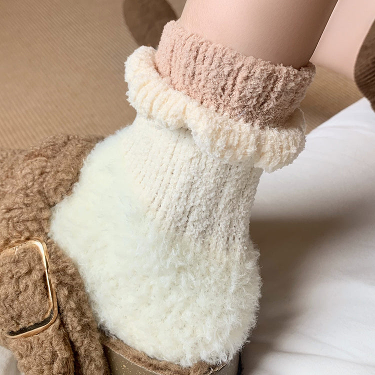 女襪|珊瑚絨襪子女秋冬季美拉德彈力保暖中筒襪加絨加厚居家睡眠地板襪「AD2415」24.11-2
