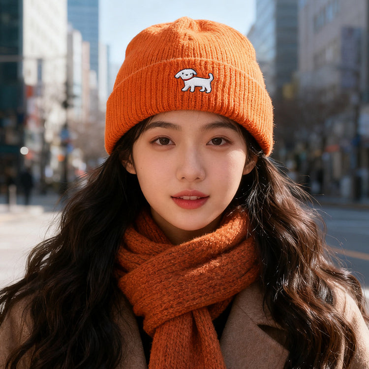 流行帽子|可愛小狗刺繡針織帽女秋冬款韓版百搭毛線帽顯臉小大頭圍保暖帽子「C5674」25.09-5
