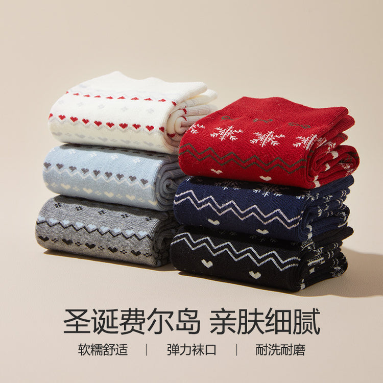 女襪|費爾島風襪子女潮流好搭無骨彈力堆堆襪棉襪舒適耐磨抗起球聖誕襪「NS24115」24.12-4