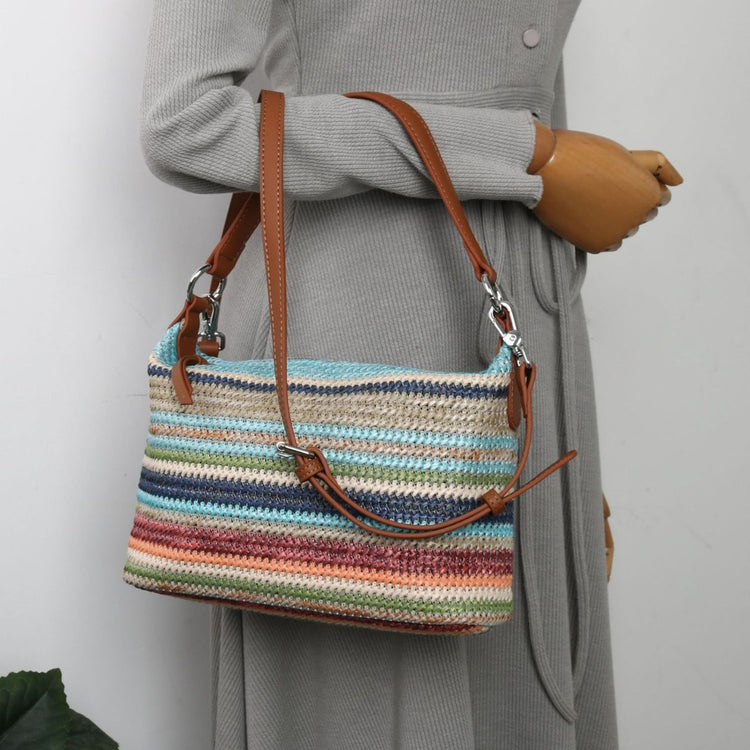質感真皮|2024夏季新款小眾彩虹編織腋下包包彩度假託特包復古百搭單肩包「3522#」24.06-2