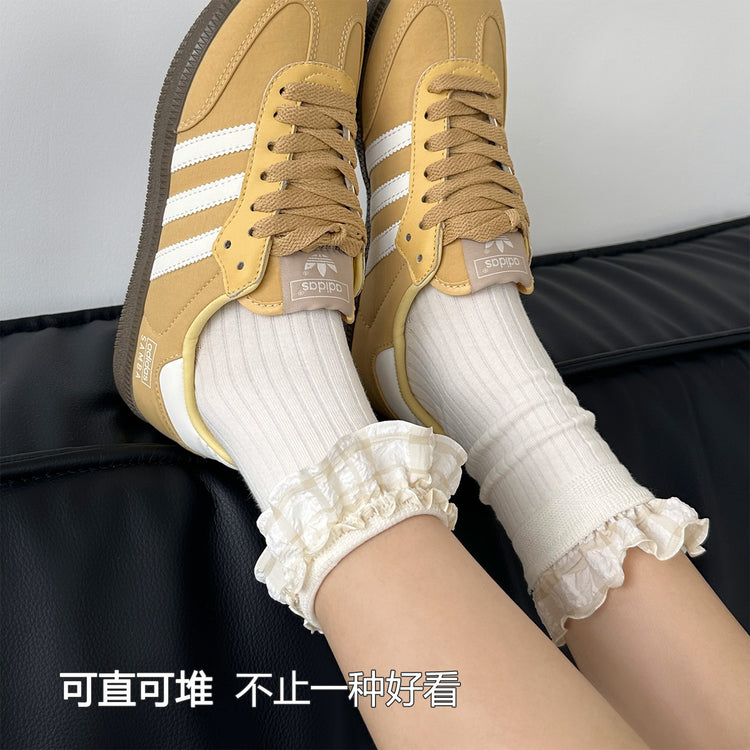 女襪|白色襪子女棉質吸汗透氣miu系花邊堆堆襪親膚舒適彈力襪子「MK5090」25.05-3