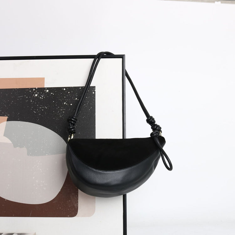 質感真皮|磨砂牛皮拼接羊皮月牙包女包2024新款真皮休閒斜背餃子包百搭單肩「3300-3#」24.10-2