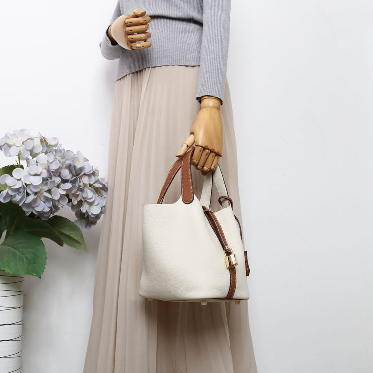 質感真皮|togo頭層牛皮拼接菜籃2024年新款時尚軟牛皮水桶包手提手拎包「226#」24.10-3