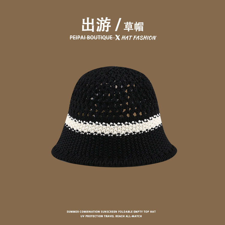 流行帽子|草帽編織女可折疊沙灘帽夏季鏤空透氣水桶帽甜美海邊遮陽帽子批發「C3748」24.03-4