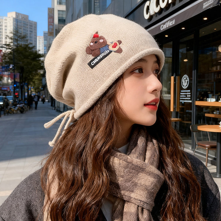 流行帽子|可愛卡通小熊帽子女秋冬包頭針織帽網紅百搭堆堆帽顯臉小卷邊冷帽「C5672」25.09-5