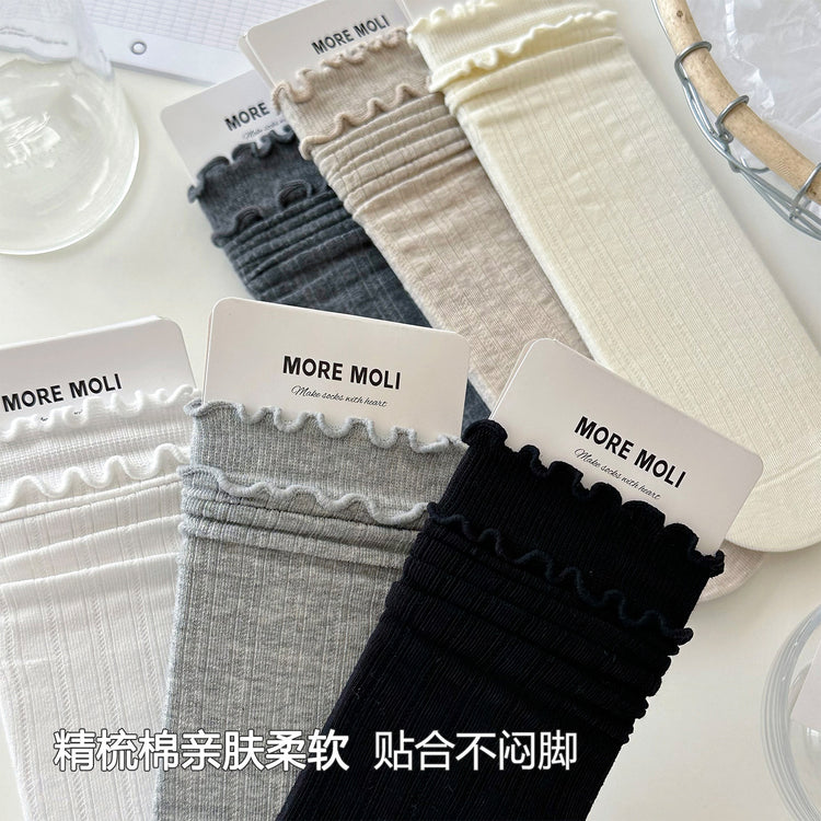 女襪|白色雙木耳邊襪子女miu系竪條顯瘦彈力中筒襪棉質吸汗防臭堆堆襪「NY2626」25.07-4