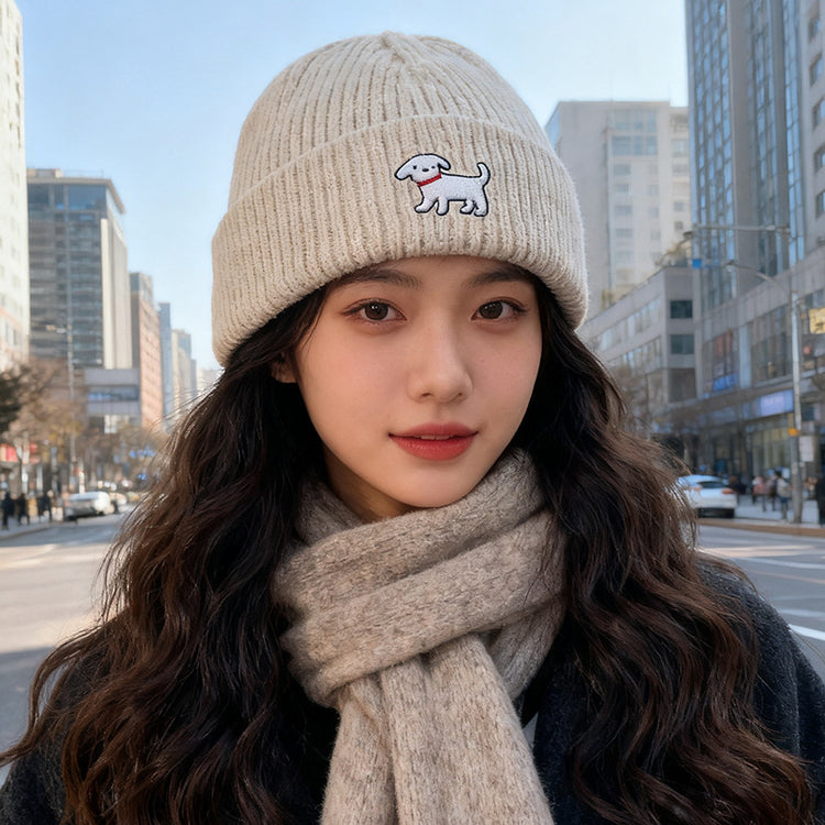 流行帽子|可愛小狗刺繡針織帽女秋冬款韓版百搭毛線帽顯臉小大頭圍保暖帽子「C5674」25.09-5