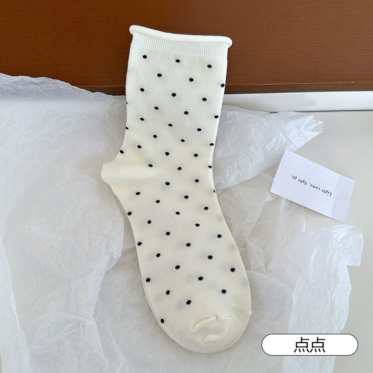 女襪|波點襪子女夏季薄款ins潮彈力卷邊中筒襪棉質親膚吸汗透氣堆堆襪「HD25811」25.04-4