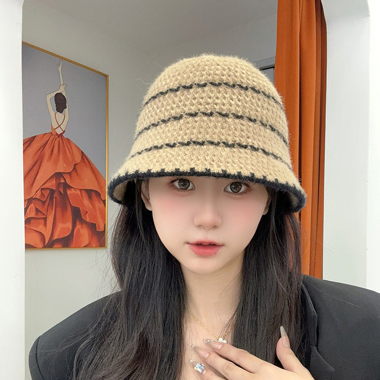 流行帽子|秋冬針織漁夫帽女條紋百搭顯臉小防寒護耳帽簡約休閒編織水桶帽子「C4348」24.08-4