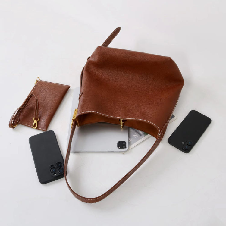 質感真皮|新款福寶頭層牛皮鎖扣hobo水桶包單肩斜背包真皮女包腋下包包「TG2503-3」25.03-3