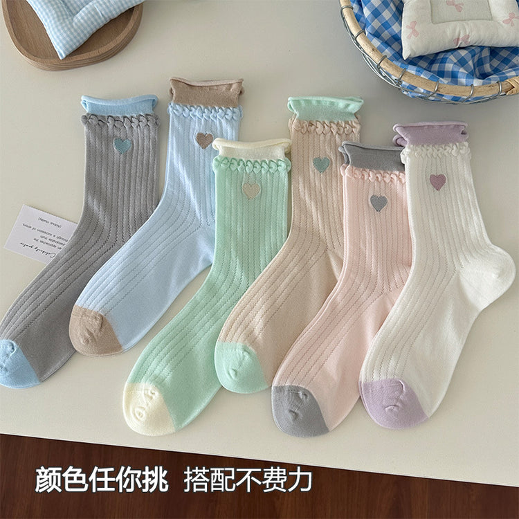 女襪|卷邊襪子女撞色雙羅口刺繡愛心中筒襪棉質吸汗透氣ins潮堆堆襪「TM7555」25.04-5