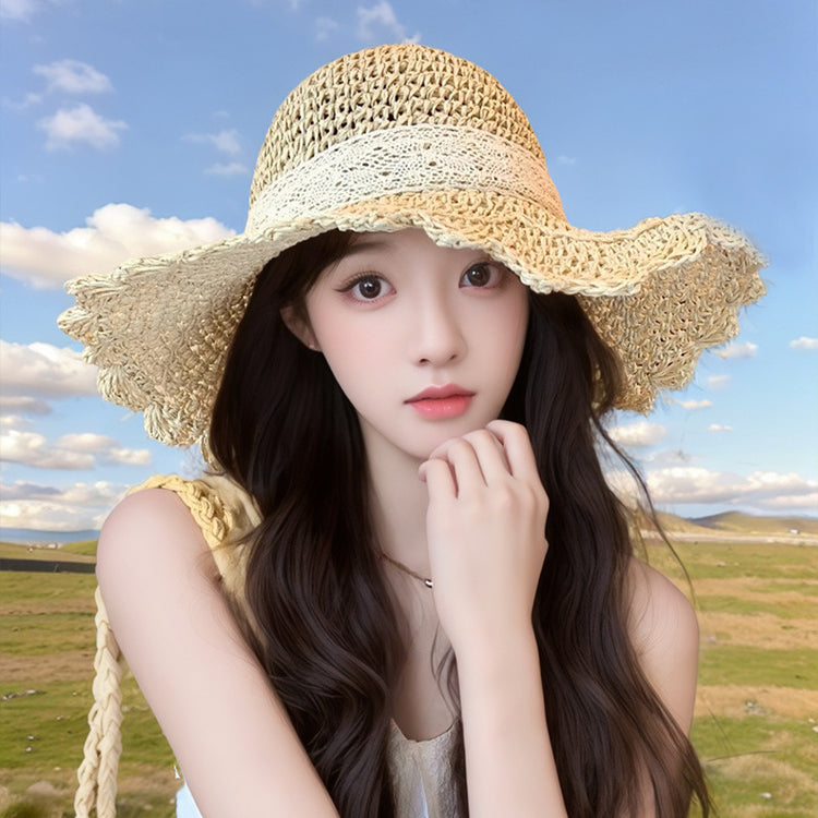 流行帽子|日系小清新帽子女花朵蕾絲蝴蝶結大檐草帽海邊度假新款遮陽防曬帽「C5325」25.06-3