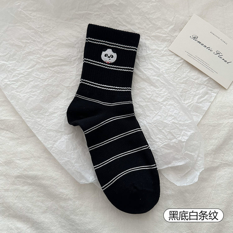 女襪|條紋襪子女萌趣卡通刺繡彈力中筒襪棉質吸汗防臭親膚舒適堆堆襪「W0124」25.03-4