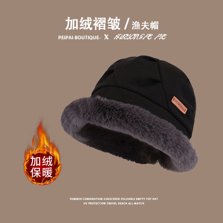 流行帽子|秋冬季帽子女保暖日系毛絨顯臉小簡約百搭布標ous加絨褶皺漁夫帽「C3401」24.11-4