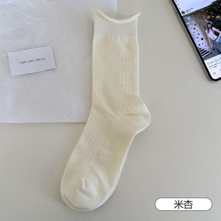 女襪|灰色堆堆襪子女棉質鏤空網眼透氣中筒襪親膚舒適彈力無骨休閒襪「MI1141」25.04-4