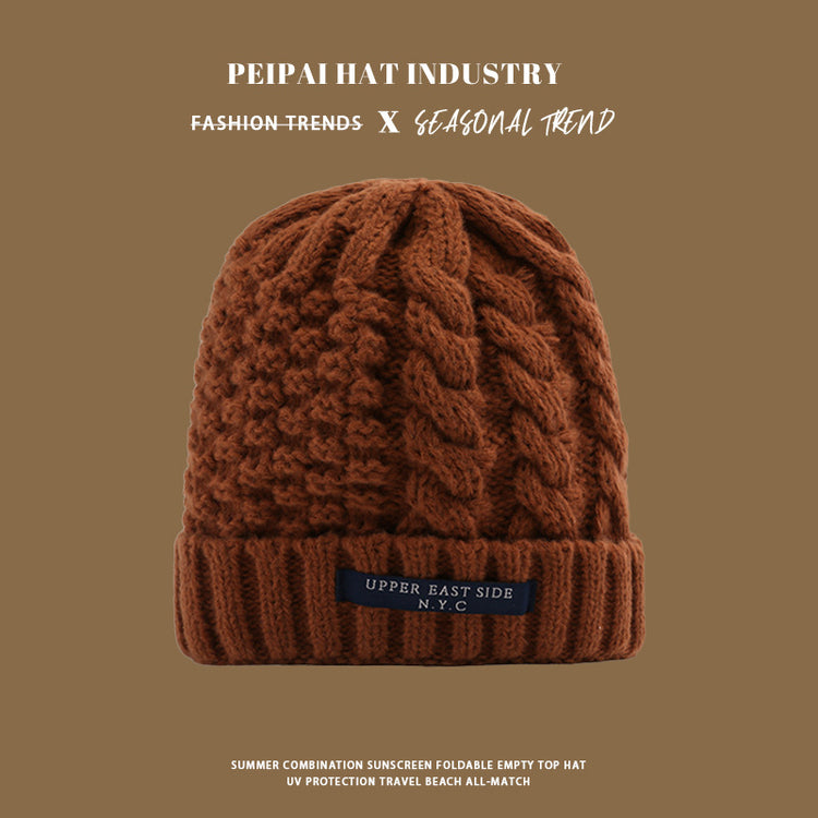 流行帽子|麻花針織帽冬天韓版百搭保暖護耳毛線帽防寒套頭帽NYC字母帽子女「C1431」25.01-1