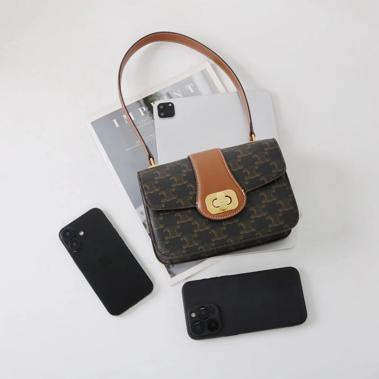 質感真皮|2025新款百搭進口小牛皮扭鎖翻蓋手提單肩腋下包精緻通勤女士包「6083」25.04-2