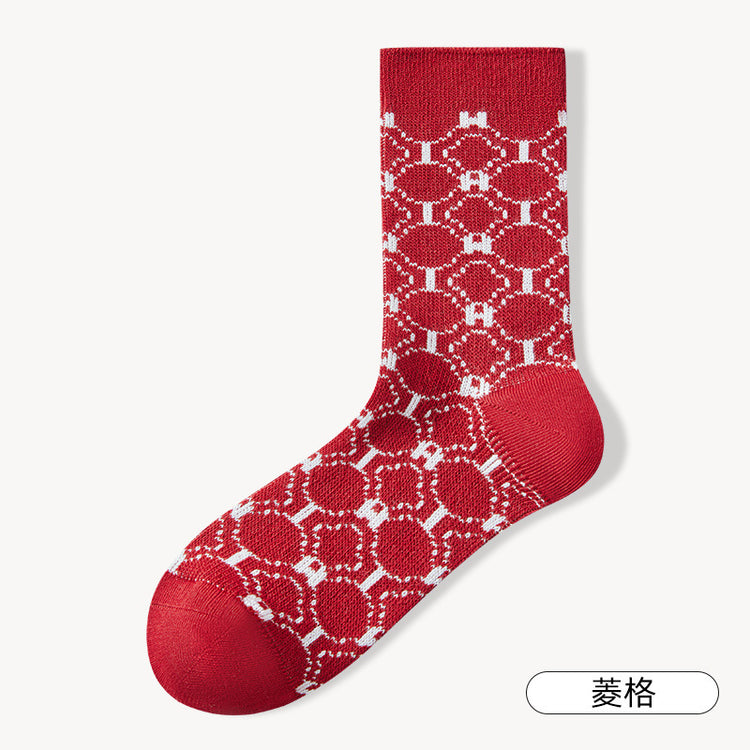 女襪|新年開春紅襪子秋冬棉質軟糯親膚新年襪加固耐磨彈力舒適中筒襪「24W0067」24.12-5