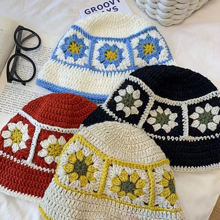 流行帽子|手工針織漁夫帽女顯臉小撞色條紋毛線帽秋冬季顯臉小國風針織帽潮「C4008」24.07-4