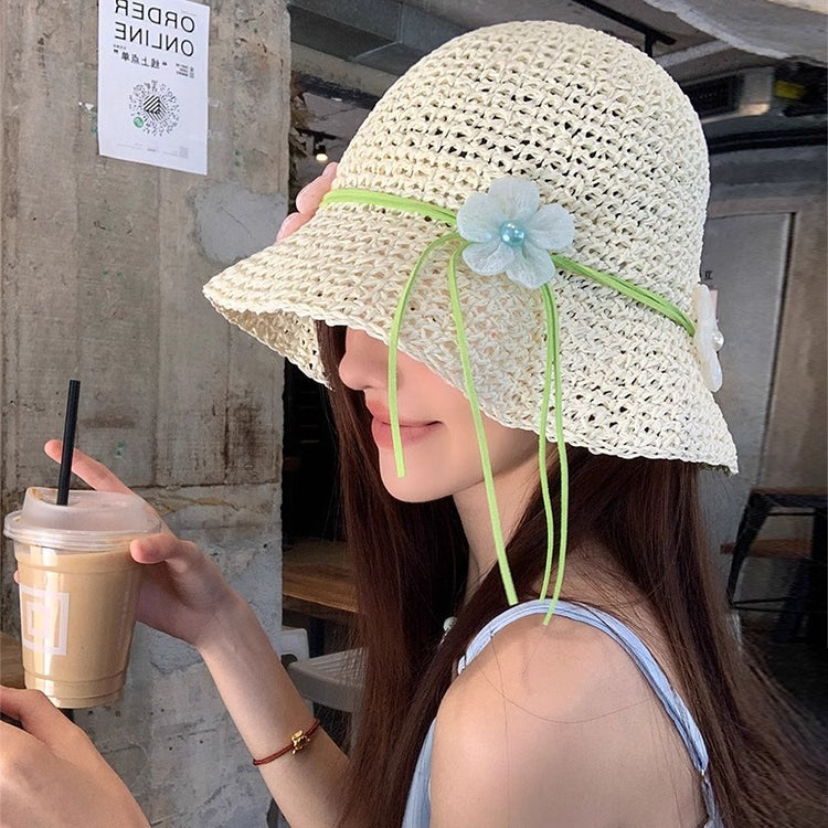 流行帽子|法式花朵草帽子女夏新款海邊度假防曬遮陽帽顯臉小草編漁夫太陽帽「C5165」25.04-2